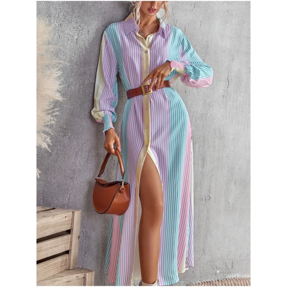 Bohemian Purple Multicolor Stripes Button up Dress - Picture 1 of 3